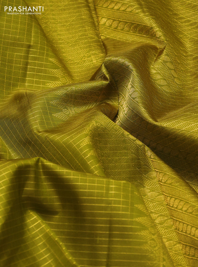 Pure kanchipuram silk saree mehendi green and green with allover zari checked pattern and zari woven border