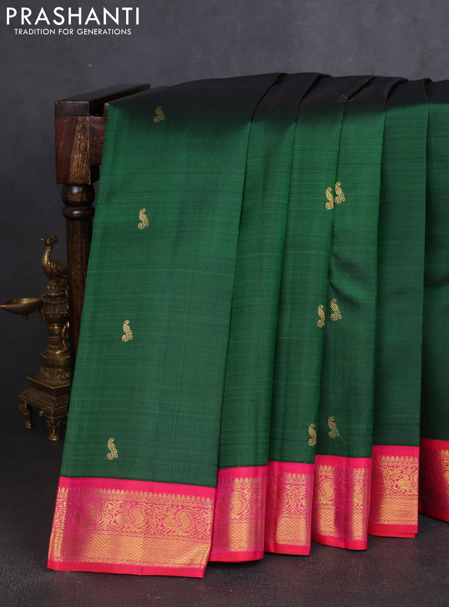Pure kanchipuram silk saree bottle green and dual shade of pink with zari woven buttas and rich zari woven border