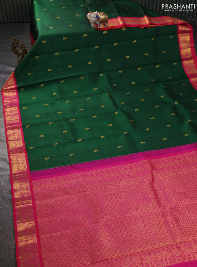 Pure kanchipuram silk saree bottle green and dual shade of pink with zari woven buttas and rich zari woven border