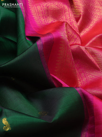 Pure kanchipuram silk saree bottle green and dual shade of pink with zari woven buttas and rich zari woven border