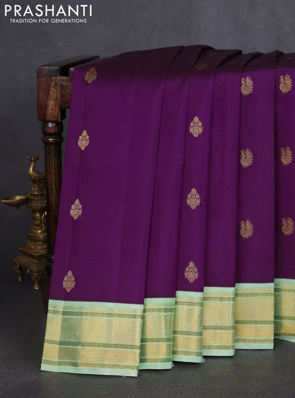 Pure kanchipuram silk saree purple and pista green with zari woven buttas and rich zari woven korvai border