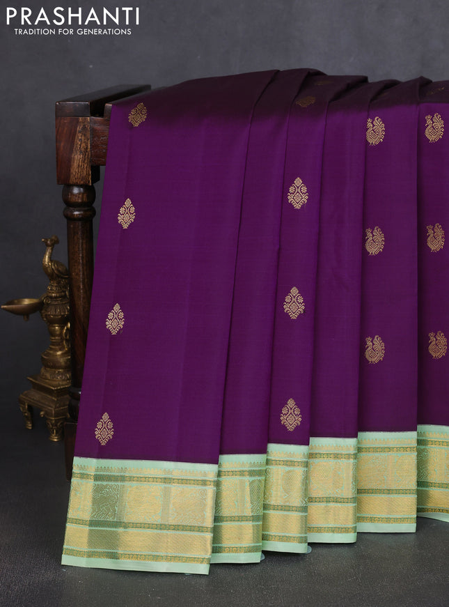 Pure kanchipuram silk saree purple and pista green with zari woven buttas and rich zari woven korvai border