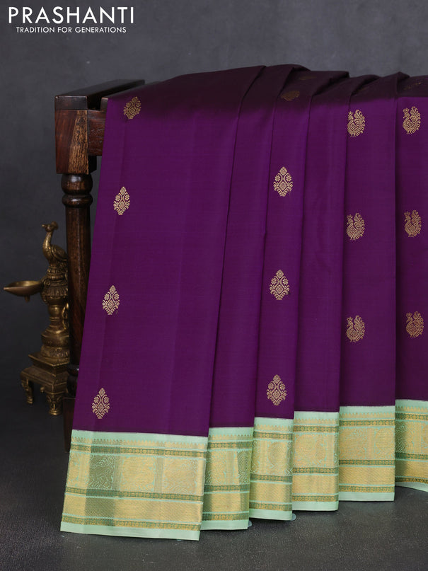 Pure kanchipuram silk saree purple and pista green with zari woven buttas and rich zari woven korvai border