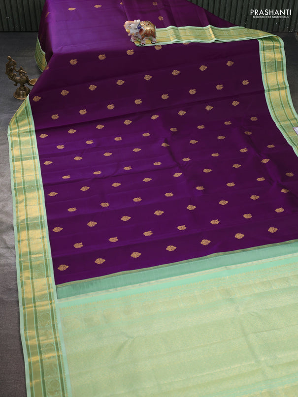 Pure kanchipuram silk saree purple and pista green with zari woven buttas and rich zari woven korvai border