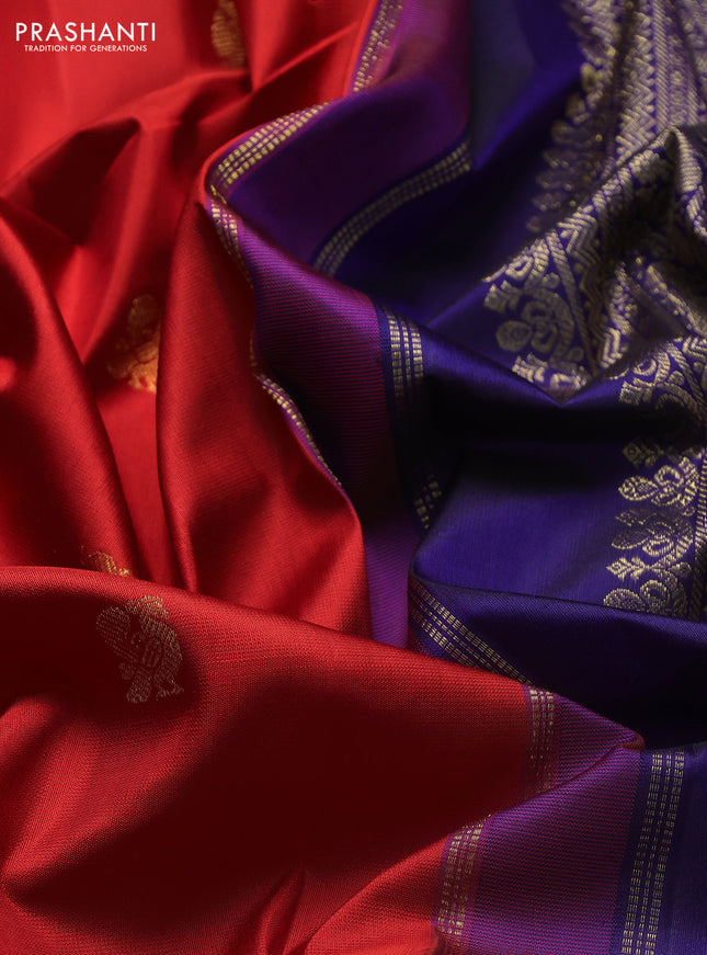 Pure kanchipuram silk saree reddish orange and blue with annam & rudhraksha zari woven buttas and rich zari woven korvai border