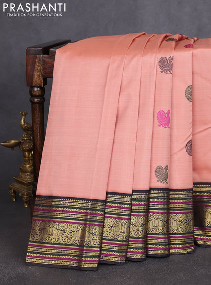 Pure kanchipuram silk saree peach shade and jamun shade with thread woven annam buttas and rich zari woven korvai border