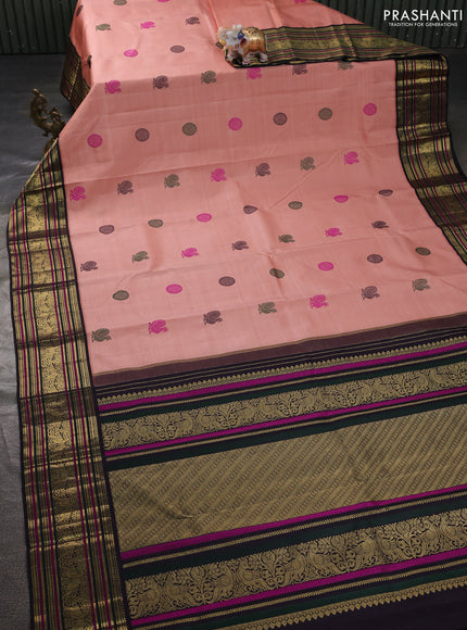 Pure kanchipuram silk saree peach shade and jamun shade with thread woven annam buttas and rich zari woven korvai border