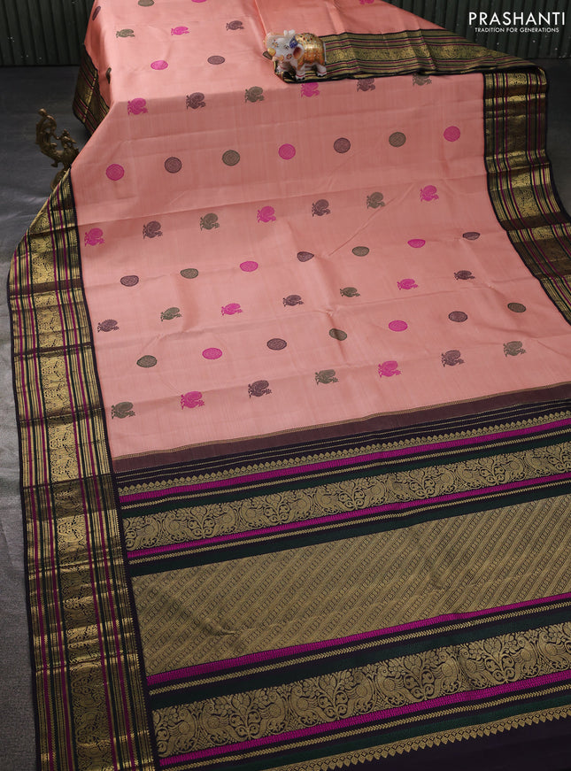 Pure kanchipuram silk saree peach shade and jamun shade with thread woven annam buttas and rich zari woven korvai border