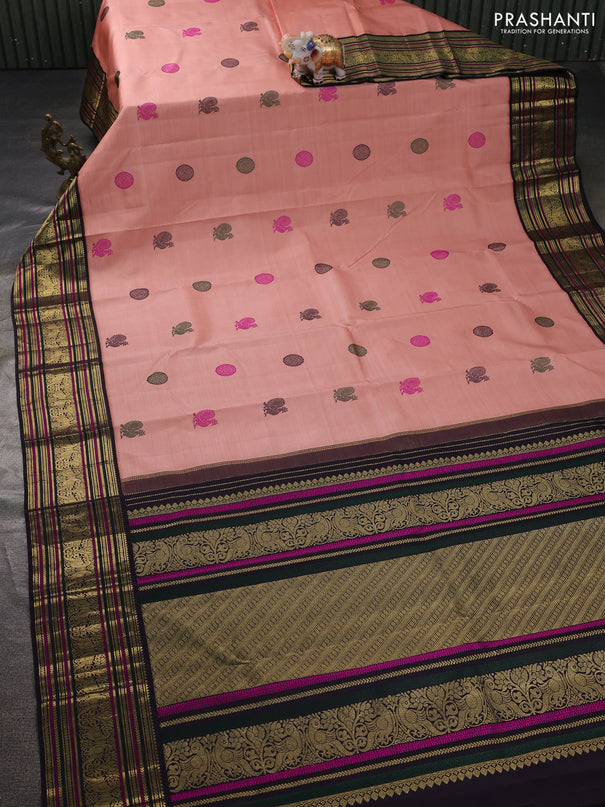 Pure kanchipuram silk saree peach shade and jamun shade with thread woven annam buttas and rich zari woven korvai border