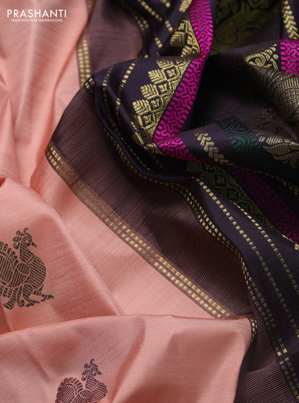 Pure kanchipuram silk saree peach shade and jamun shade with thread woven annam buttas and rich zari woven korvai border