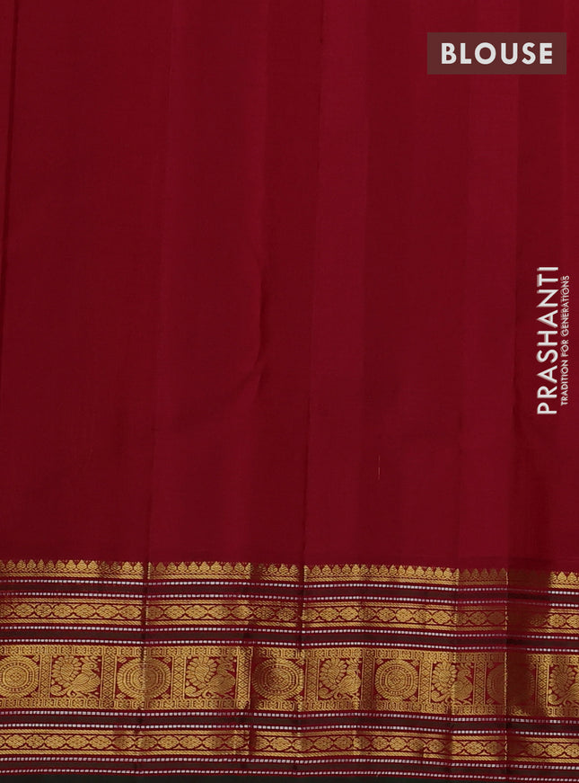 Pure kanchipuram silk saree yellow and maroon green with allover zari stripe weaves and zari woven korvai border