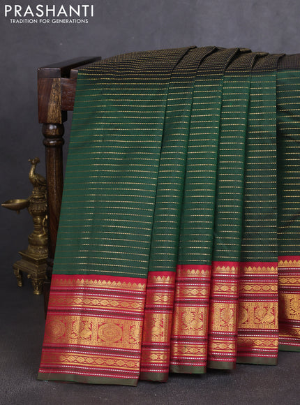 Pure kanchipuram silk saree green and maroon with allover zari stripe weaves and zari woven korvai border