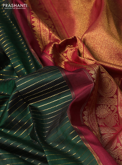 Pure kanchipuram silk saree green and maroon with allover zari stripe weaves and zari woven korvai border