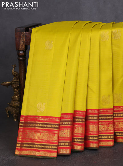 Pure kanchipuram silk saree lime yellow and red with allover vairosi pattern & zari buttas and zari woven korvai border