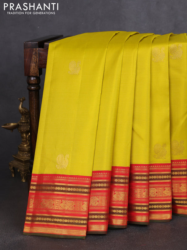 Pure kanchipuram silk saree lime yellow and red with allover vairosi pattern & zari buttas and zari woven korvai border