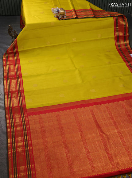 Pure kanchipuram silk saree lime yellow and red with allover vairosi pattern & zari buttas and zari woven korvai border