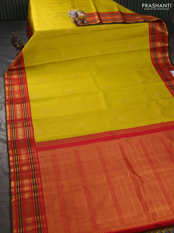 Pure kanchipuram silk saree lime yellow and red with allover vairosi pattern & zari buttas and zari woven korvai border