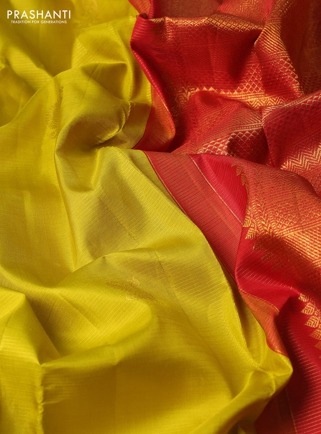 Pure kanchipuram silk saree lime yellow and red with allover vairosi pattern & zari buttas and zari woven korvai border