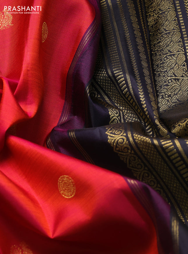 Pure kanchipuram silk saree dual shade of pinkish orange and black with annam & rudhraksha zari woven buttas and rich zari woven border