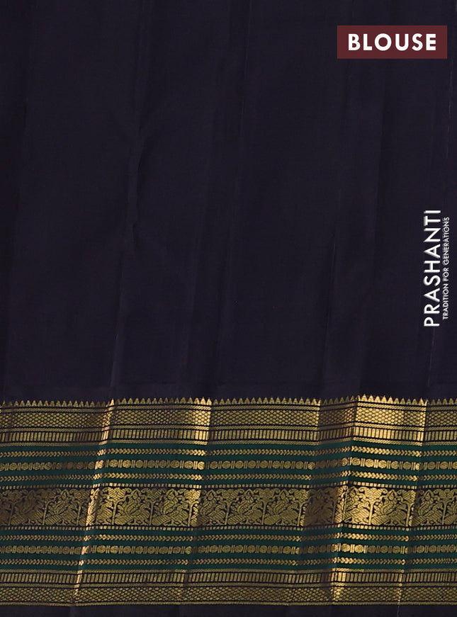 Pure kanchipuram silk saree dual shade of pinkish orange and black with annam & rudhraksha zari woven buttas and rich zari woven border