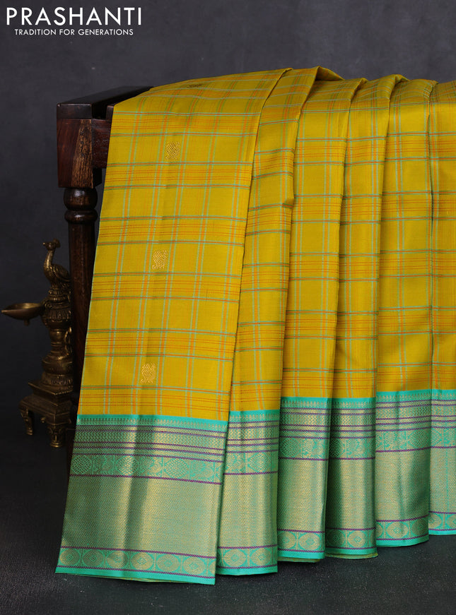 Pure kanchipuram silk saree lime yellow and teal blue with allover thread woven checked pattern and rich zari woven border