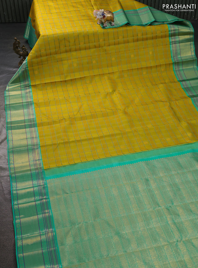 Pure kanchipuram silk saree lime yellow and teal blue with allover thread woven checked pattern and rich zari woven border