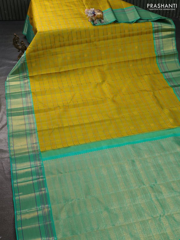 Pure kanchipuram silk saree lime yellow and teal blue with allover thread woven checked pattern and rich zari woven border