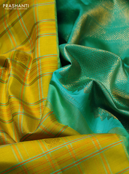 Pure kanchipuram silk saree lime yellow and teal blue with allover thread woven checked pattern and rich zari woven border