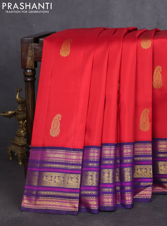 Pure kanchipuram silk saree red and violet with zari woven buttas and rich zari woven korvai border