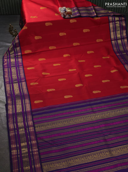 Pure kanchipuram silk saree red and violet with zari woven buttas and rich zari woven korvai border
