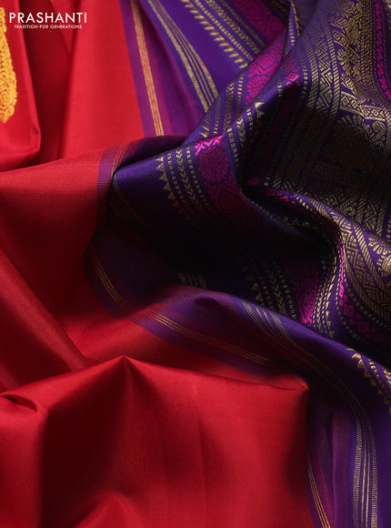 Pure kanchipuram silk saree red and violet with zari woven buttas and rich zari woven korvai border