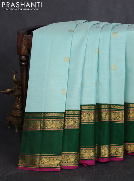 Pure kanchipuram silk saree light blue and green with allover vairosi pattern & zari buttas and rettapet zari woven korvai border