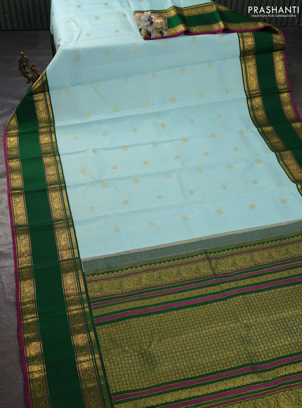 Pure kanchipuram silk saree light blue and green with allover vairosi pattern & zari buttas and rettapet zari woven korvai border