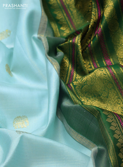 Pure kanchipuram silk saree light blue and green with allover vairosi pattern & zari buttas and rettapet zari woven korvai border