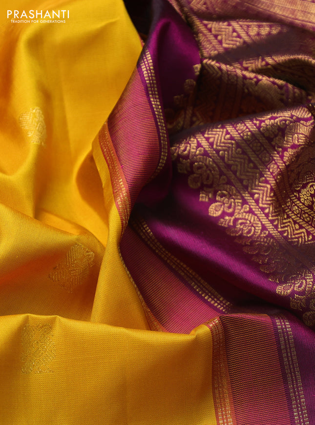 Pure kanchipuram silk saree mango yellow and dark magenta pink with zari woven buttas and rich zari woven border