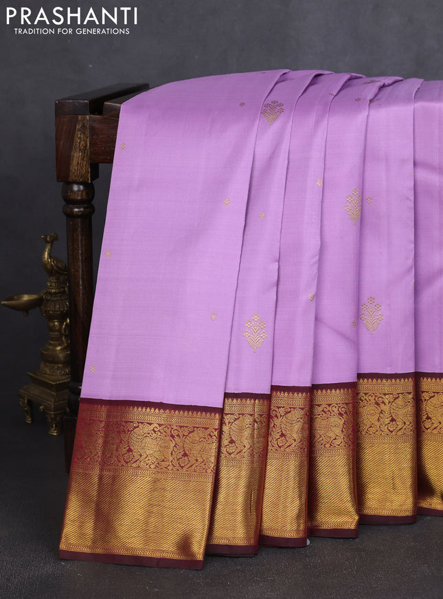 Pure kanchipuram silk saree lavender and maroon with zari woven buttas and rich zari woven border