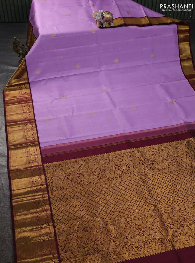 Pure kanchipuram silk saree lavender and maroon with zari woven buttas and rich zari woven border