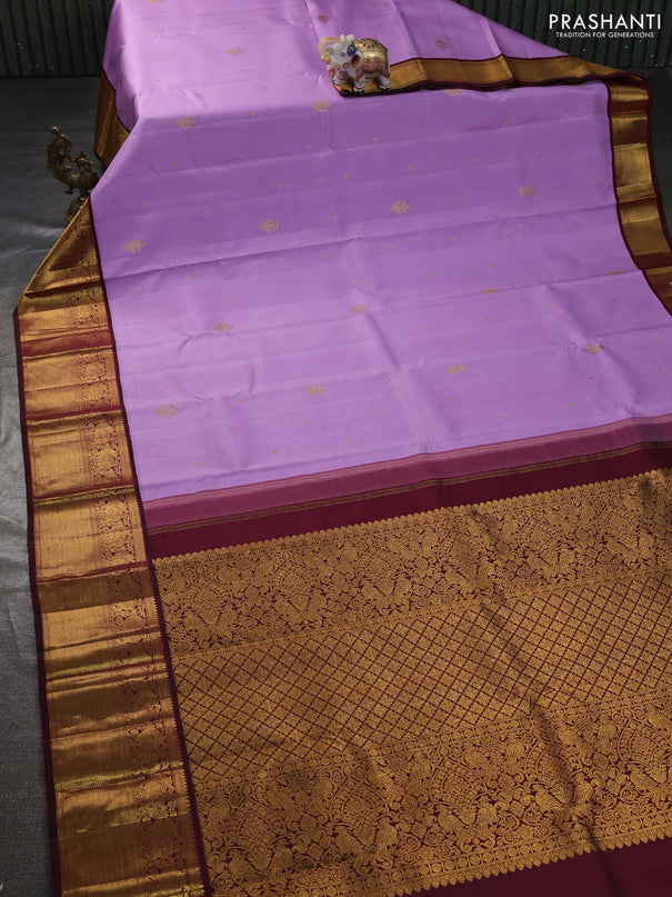 Pure kanchipuram silk saree lavender and maroon with zari woven buttas and rich zari woven border