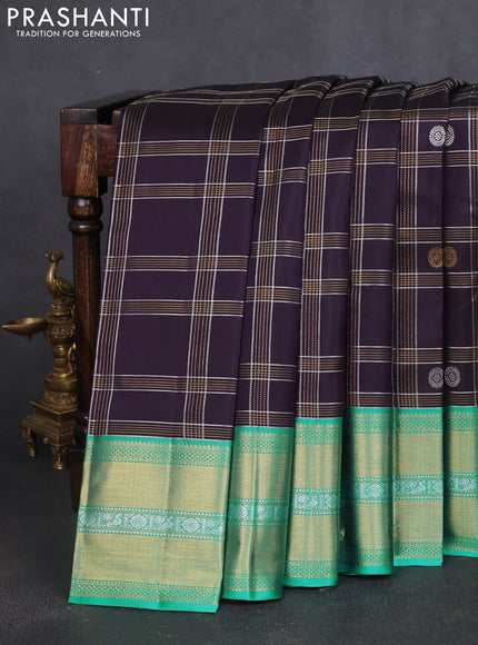 Pure kanchipuram silk saree jamun shade and teal green shade with allover silver & gold zari checks buttas and rich zari woven border