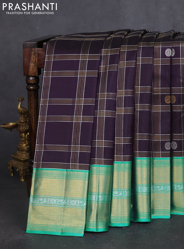 Pure kanchipuram silk saree jamun shade and teal green shade with allover silver & gold zari checks buttas and rich zari woven border
