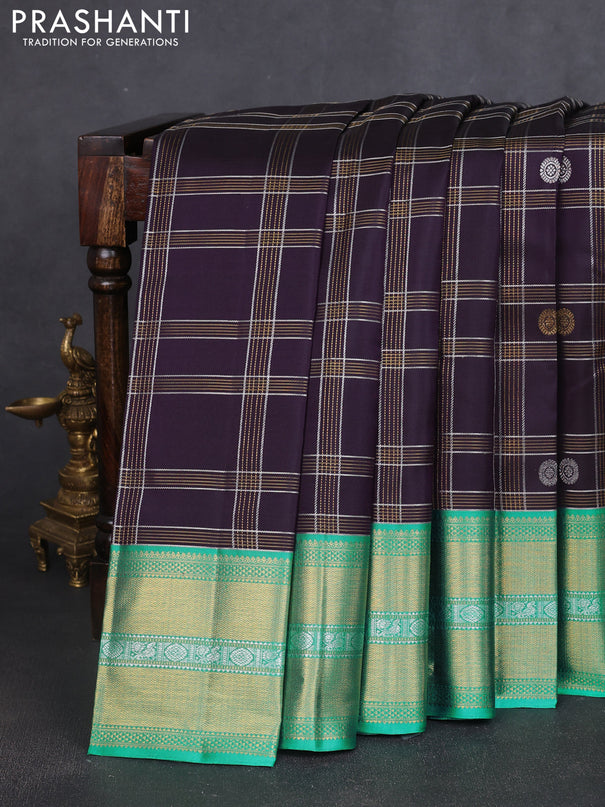 Pure kanchipuram silk saree jamun shade and teal green shade with allover silver & gold zari checks buttas and rich zari woven border