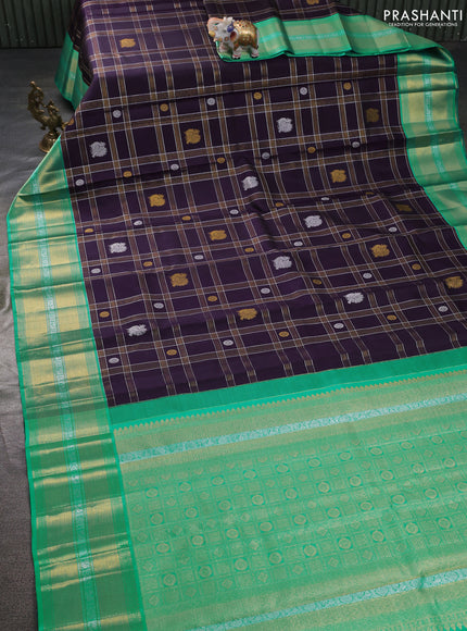 Pure kanchipuram silk saree jamun shade and teal green shade with allover silver & gold zari checks buttas and rich zari woven border