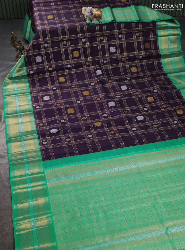 Pure kanchipuram silk saree jamun shade and teal green shade with allover silver & gold zari checks buttas and rich zari woven border