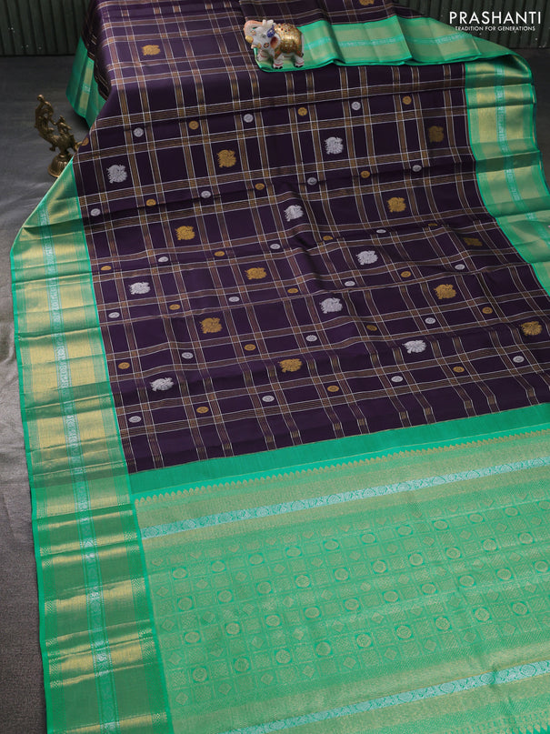 Pure kanchipuram silk saree jamun shade and teal green shade with allover silver & gold zari checks buttas and rich zari woven border