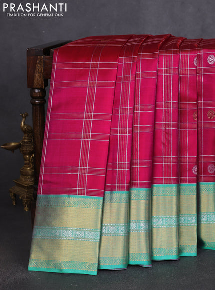 Pure kanchipuram silk saree pink and teal blue with allover silver & gold zari checks buttas and rich zari woven border