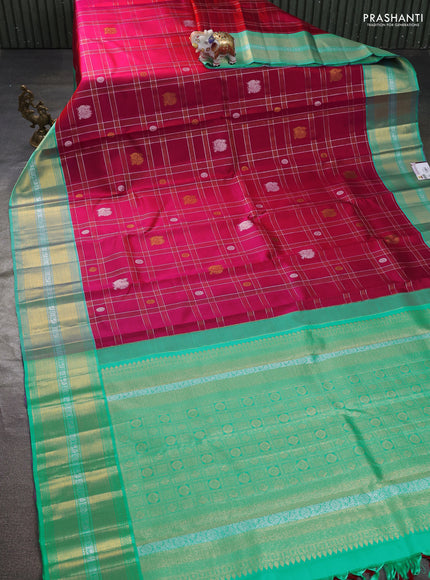 Pure kanchipuram silk saree pink and teal blue with allover silver & gold zari checks buttas and rich zari woven border