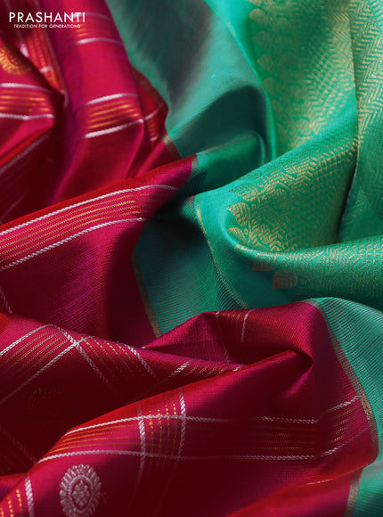 Pure kanchipuram silk saree pink and teal blue with allover silver & gold zari checks buttas and rich zari woven border
