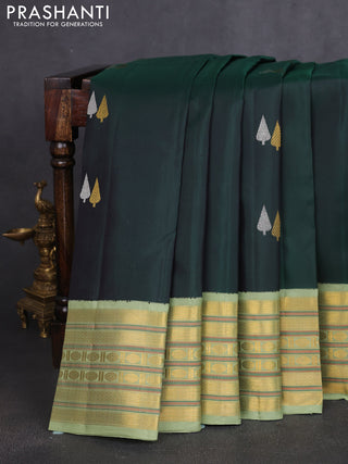 Pure kanchipuram silk saree bottle green and pastel green with silver & gold zari woven buttas and rich zari woven korvai border