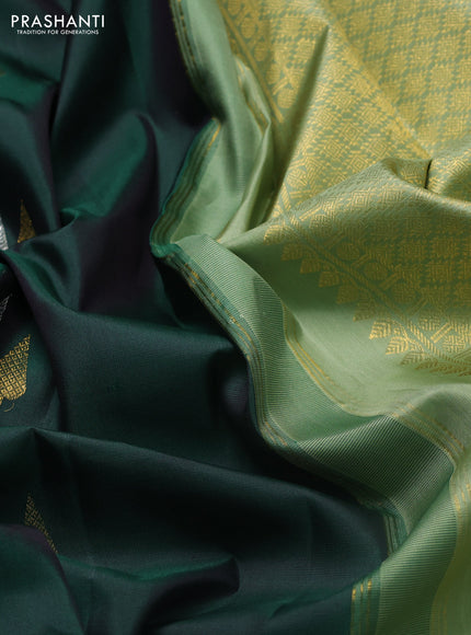 Pure kanchipuram silk saree bottle green and pastel green with silver & gold zari woven buttas and rich zari woven korvai border