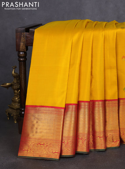 Pure kanchipuram silk saree yellow and red with thread & zari woven buttas and long rich zari woven border